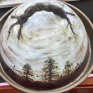 Rustic Woodland HandPainted Ceramic Plate And Dome From 1960’s